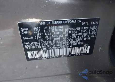 2022 Subaru Ascent Premium из США, поврежденный, VIN 4S4WMACD0N3438408